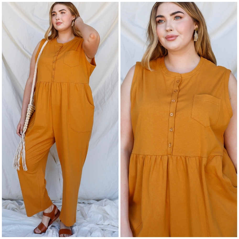 VERY J Plus Size Chic Dark Mustard Relaxed Fit Jumpsuit